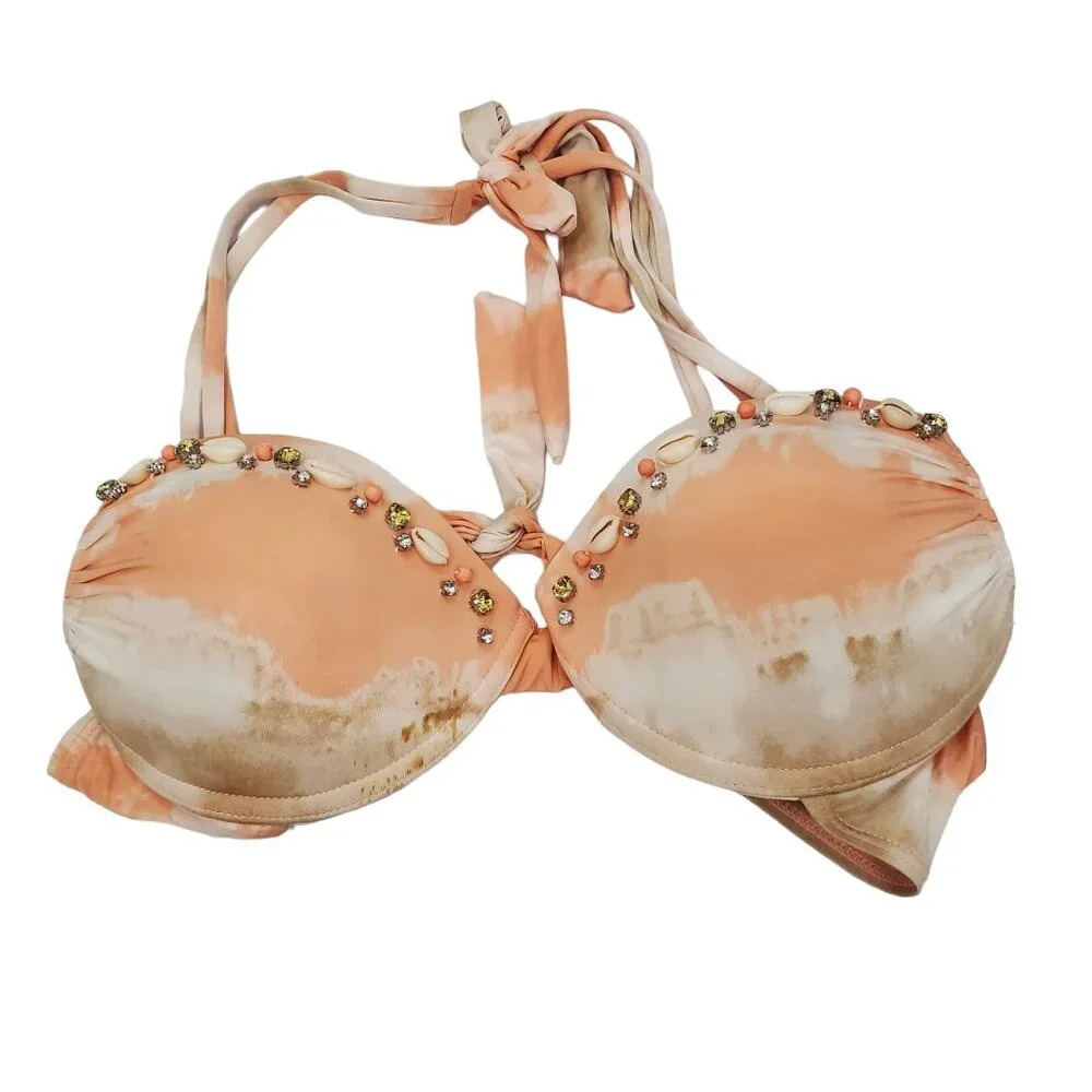 Ninety Six Degrees Peach White Marble Shell Crystal Push Up‎ Halter Bikini Top L